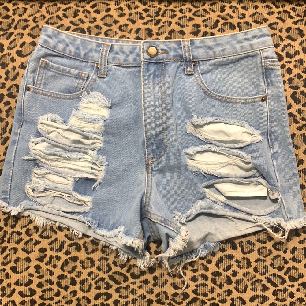 High waisted distressed jean shorts